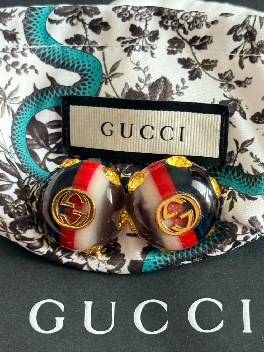 Gucci Red White Black Vintage Enamel Dome Earrings with Gold GG Accents